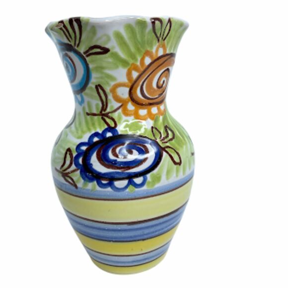 Small Hand Painted Italian Pottery Vase Signed Italy Yellow Green Blue Orange - Picture 3 of 10